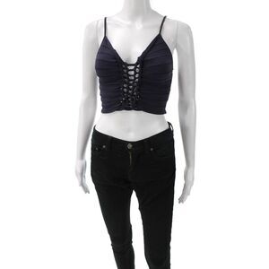 Dion Lee Women Striped Lace Up Cropped Camisole Dark Blue Sleeveless Size 4